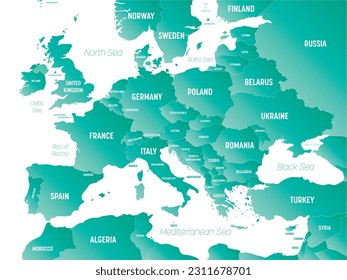 Europe - high detailed political map of european continent with country, ocean and sea names labeling.