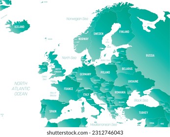 Europe - high detailed political map of european continent with country, ocean and sea names labeling.