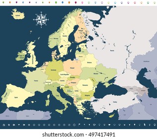 Europe high detailed political map with location icons on soft dark blue background. All elements separated in detachable and labeled layers. Vector