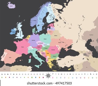 Europe high detailed vector political map with location\navigation icons. All elements separated in detachable and labeled layers 