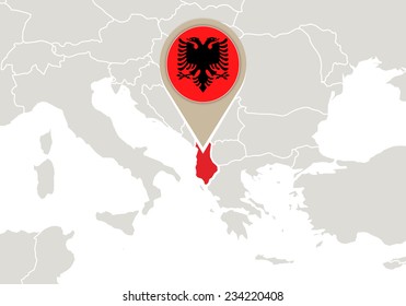 Europe with highlighted Albania map and flag