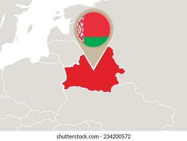 Europe with highlighted Belarus map and flag