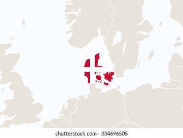 Europe with highlighted Denmark map. Vector Illustration.

