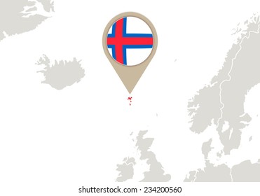Europe with highlighted Faroe Islands map and flag