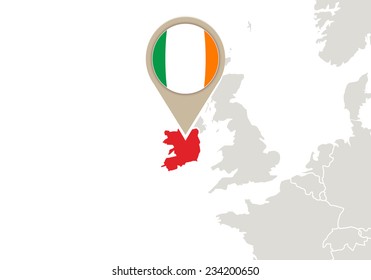 Europe with highlighted Ireland map and flag