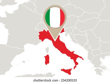 Europe with highlighted Italy map and flag