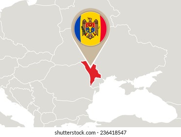 Europe with highlighted Moldova map and flag