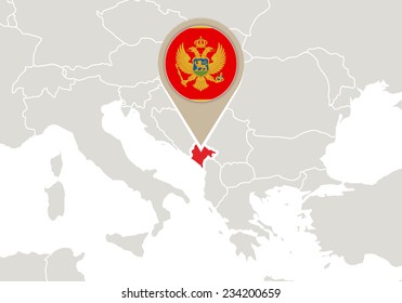 Europe with highlighted Montenegro map and flag
