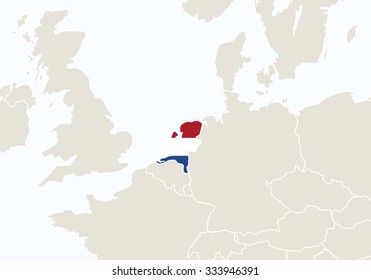 Europe with highlighted Netherlands map. Vector Illustration.
