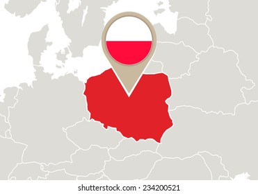 Europe with highlighted Poland map and flag