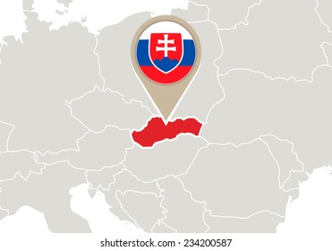 Europe with highlighted Slovakia map and flag