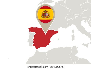 Europe with highlighted Spain map and flag