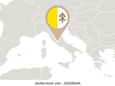 Europe with highlighted Vatican City map and flag