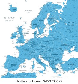 Europe - Highly Detailed Blue Colored Vector Map of the Europe. Ideally for the Print Posters