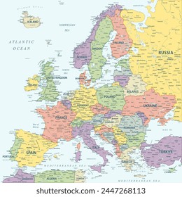 Europa - Mapa de Vector coloreado de alta precisión de Europa. Ideal para los carteles impresos