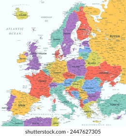 Europa - Mapa de Vector coloreado de alta precisión de Europa. Ideal para los carteles impresos