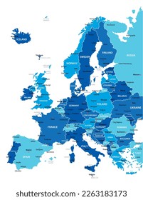 
Europe highly detailed map. Vector blue illustration with borders, cities