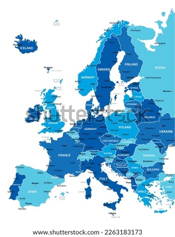 
Europe highly detailed map. Vector blue illustration with borders, cities
