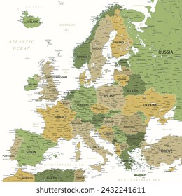 Europa - Mapa vectorial altamente detallado de Europa. Ideal para los carteles impresos. Verde Amarillo Dorado Colores