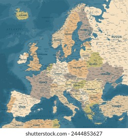 Europe - Highly Detailed Vector Map of the Europe. Ideally for the Print Posters. Dark Blue Golden Beige Retro Style