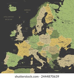 Europe - Highly Detailed Vector Map of the Europe. Ideally for the Print Posters. Green Black Yellow Golden Colors