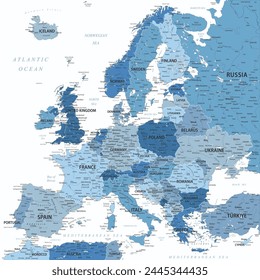 Europa - Mapa del Vector de Europa. Ideal para los carteles impresos. Colores azules blancos descoloridos