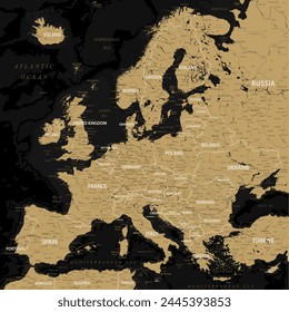 Europe - Highly Detailed Vector Map of the Europe. Ideally for the Print Posters. Black Golden Retro Style