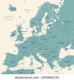 Europe - Highly Detailed Vector Map of the Europe. Ideally for the Print Posters. Faded Blue Green White Colors