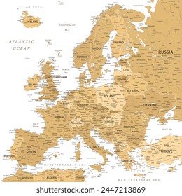 Europa - Mapa del Vector de Europa. Ideal para los carteles impresos. Mancha dorada Beige Estilo retro