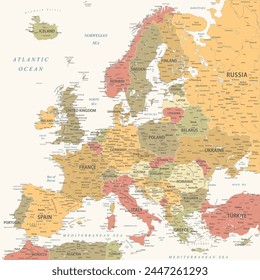 Europe - Highly Detailed Vector Map of the Europe. Ideally for the Print Posters. Vintage Warm Colors. Retro Style