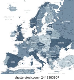 Europa - Mapa del Vector de Europa. Ideal para los carteles impresos. Gris Plata Monocromo Estilo Retro