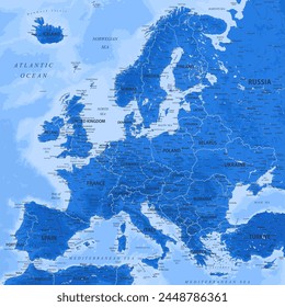 Europe - Highly Detailed Vector Map of the Europe. Ideally for the Print Posters. Blue Grey Colors. Relief Topographic and Depth