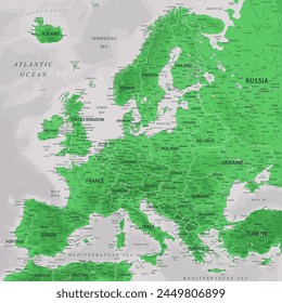 Europa - Mapa del Vector de Europa. Ideal para los carteles impresos. Colores verde zafiro esmeralda gris. Relieve Topográfico y Profundidad