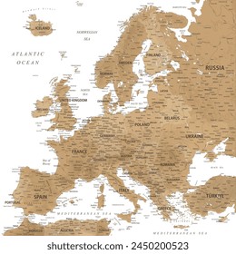 Europa - Detaillierte Karte der Vektorgrafik Europas. Ideal für die Printposter. Goldene Braun Beige Retro Farben