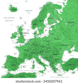 Europe - Highly Detailed Vector Map of the Europe. Ideally for the Print Posters. Emerald Sapphire Green Grey Colors. Relief Topographic