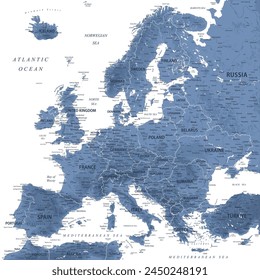 Europe - Highly Detailed Vector Map of the Europe. Ideally for the Print Posters. Grey Silver Monochrome Colors. Relief Topographic