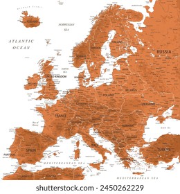 Europe - Highly Detailed Vector Map of the Europe. Ideally for the Print Posters. Terracotta Brown Orange Beige Colors. Relief Topographic