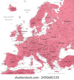 Europe - Highly Detailed Vector Map of the Europe. Ideally for the Print Posters. Rose Pink Colors. Relief Topographic