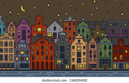 Europe house and apartments. Moon night in Amsterdam. Cute architecture in Amsterdam. Neighborhood with classic street and cozy homes. Building and facades for Banner or poster. Doodle sketch.