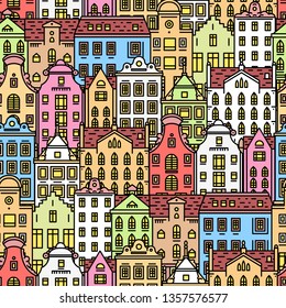 Europe house or apartments Seamless pattern. Cute architecture background. Neighborhood with classic street and cozy homes for Banner or poster. Building and facades. Doodle sketch Flat style.