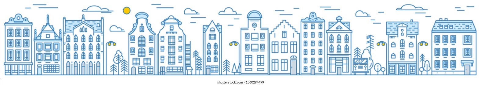 Europe house and apartments. Set of cute architecture in Amsterdam. Neighborhood with classic street and cozy homes. Building and facades for Banner or poster. Doodle sketch.