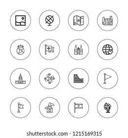 Europe icon set. collection of 16 outline europe icons with big ben, colosseum, earth globe, earth, globe, flag, map, kremlin, holstentor icons.