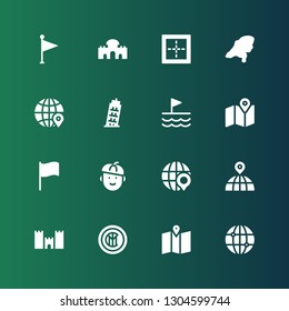 europe icon set. Collection of 16 filled europe icons included World, Map, Internazionale milano, Medieval walls, Earth globe, Globe, French, Flag, Pisa, Border, Alcala gate