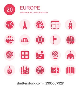 europe icon set. Collection of 20 filled europe icons included Earth, Eiffel tower, World, Border, Clock tower, Stroopwafel, Stonehenge, Globe, Flag, Earth globe, Map, Vatican