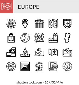 europe icon set. Collection of Map, Global, Russia, Brandenburg gate, Portugal, Cologne, Earth, Belem tower, Algarve, Kremlin, Globe, Portuguese, London eye, World icons