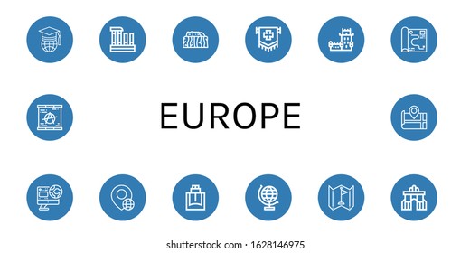 Europe Icon Set. Collection Of World, Evora, Stonehenge, Flag, Belem Tower, Map, Globe, Cologne, World Globe, Rua Augusta, Berlin Wall Icons