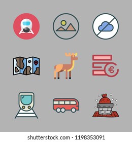 europe icon set. vector set about bus, deer, landscape and chimney icons set.