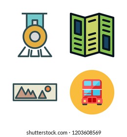 europe icon set. vector set about landscape, bus, road map and train icons set.