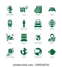 europe icons. Editable 16 europe icons. Included icons such as Earth globe, Map, Global, Tram, Monument, Monuments, Globe, Coliseum, Planet earth. europe trendy icons for web.