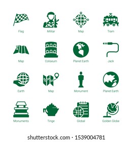 europe icons. Editable 16 europe icons. Included icons such as Flag, Militar, Map, Tram, Coliseum, Planet earth, Jack, Earth, Monument, Monuments. europe trendy icons for web.